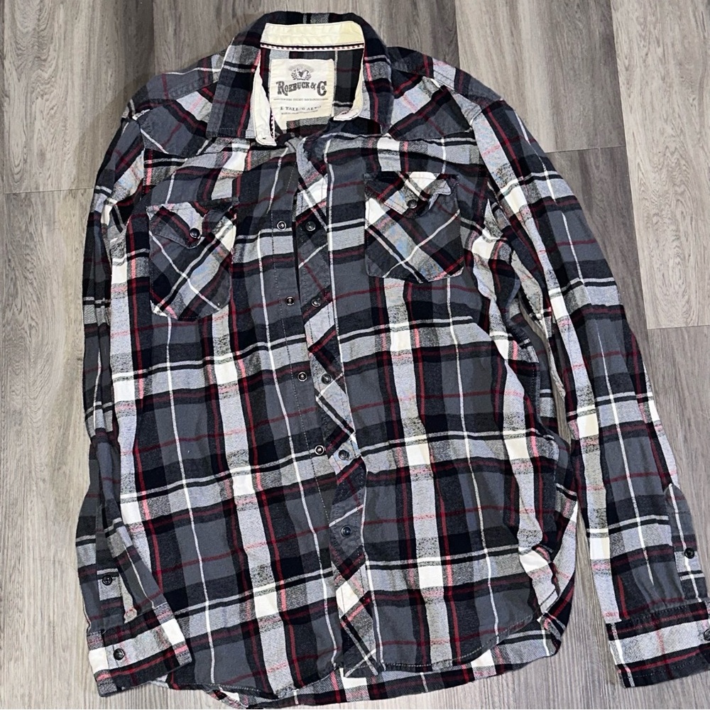 Roebuck & Co Men's Pearl Snap Shirt Gray Plaid Large Tall Long Sleeve Cotton HTF